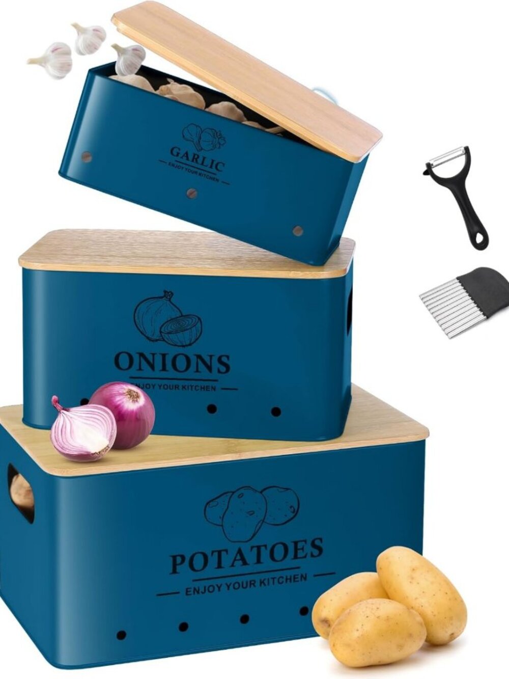 Set of 3 Kitchen Canisters for Vegetables - Metal Onion, Garlic & Potato Storage